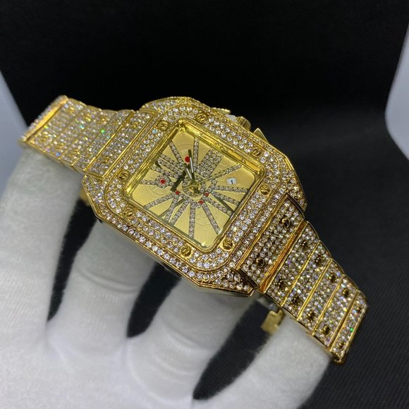 Luxury Square 18K Gold Plated Men's Bling Hip Hop Iced Out Watch - Picture 6 of 6